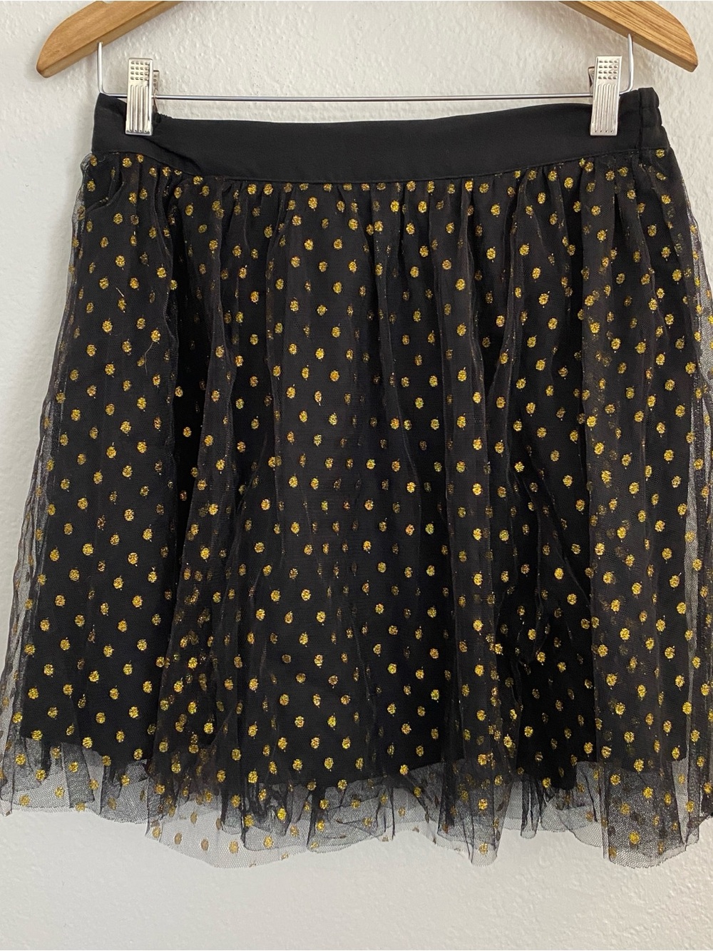 Modcloth Mini Skirt Women’s M Black Gold Sparkle Polka Dot Tulle Pull On Costume